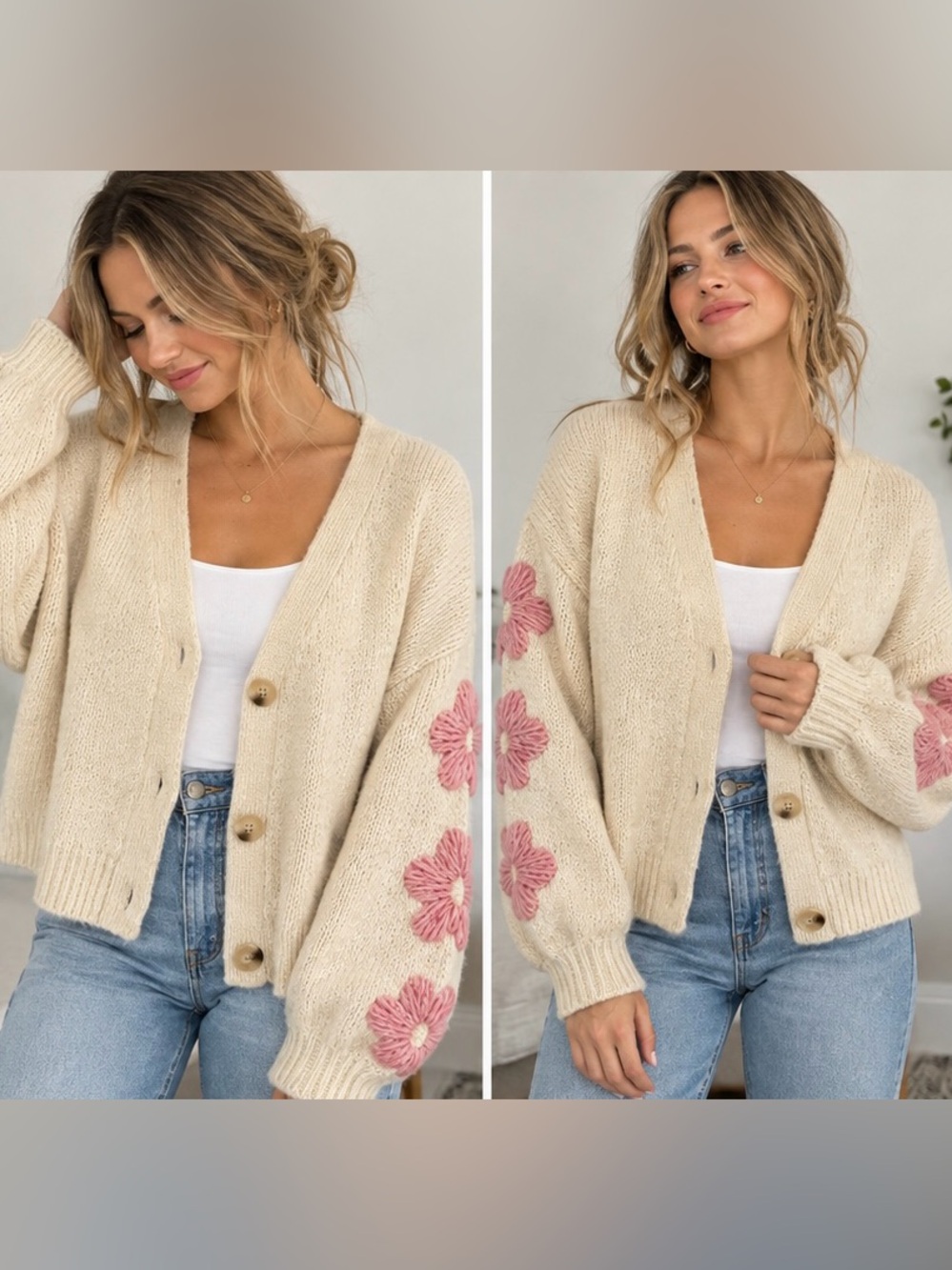 Piper & Scoot Cream Pink Floral Sleeve Cardigan Sweater Size S